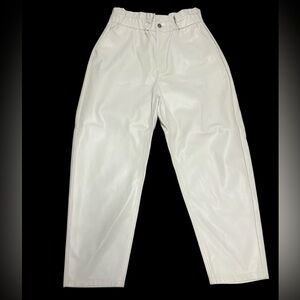 Cream Faux Leather Paper Bag Waist Pants